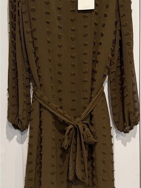 DownEast Olive Textured Midi Dress with Tie Waist
